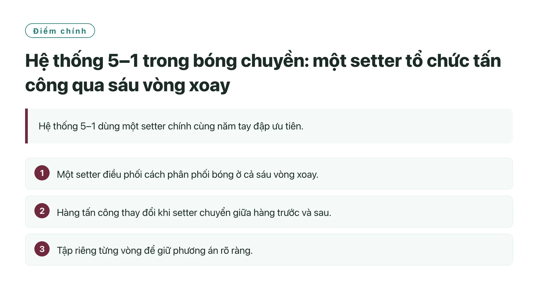 Hệ thống 5–1 trong bóng chuyền: một setter tổ chức tấn công qua sáu vòng xoay——全文要点速览